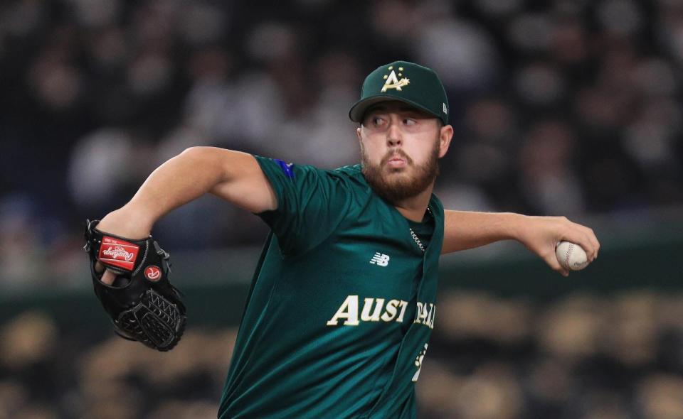 Australia right-hander Jack O'Loughlin pitches during the World Baseball Classic (WBC) Pool B round game against South Korea at the Tokyo Dome in Tokyo on Thursday, March 9, 2023.