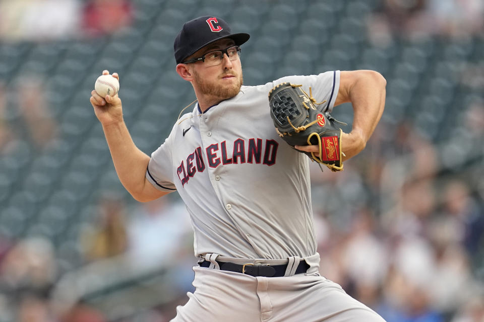 Cleveland Guardians starting pitcher Tanner Bibee delivers during the third inning of the team's baseball game against the Minnesota Twins, Thursday, June 1, 2023, in Minneapolis. (AP Photo/Abbie Parr)