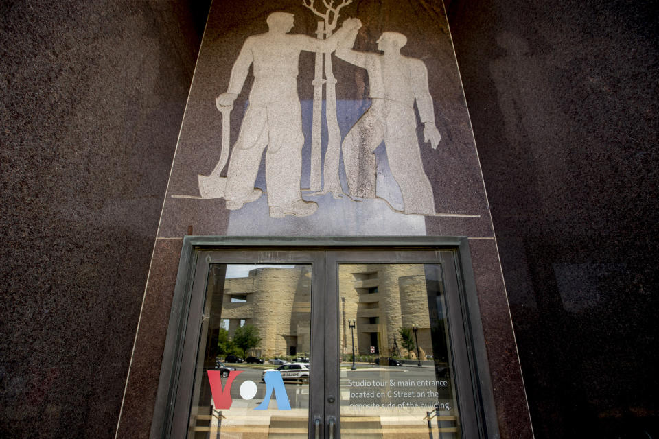 FILE - This June 15, 2020, file photo shows the Voice of America building in Washington. More than a dozen journalists with the U.S. government's premier international broadcaster, Voice of America, may soon have to leave the United States as their visas expire with no action from the agency's new leadership. (AP Photo/Andrew Harnik, File)