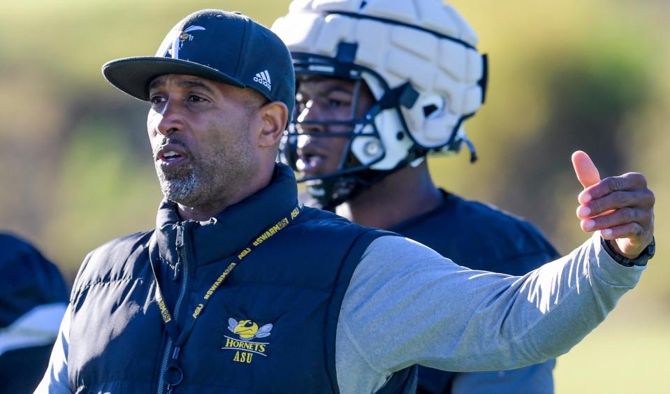 Head football coach Eddie Robinson, Jr., coaches during an Alabama State University football practice / scrimmage on the ASU campus in Montgomery, Ala., on Thursday March 28, 2024.