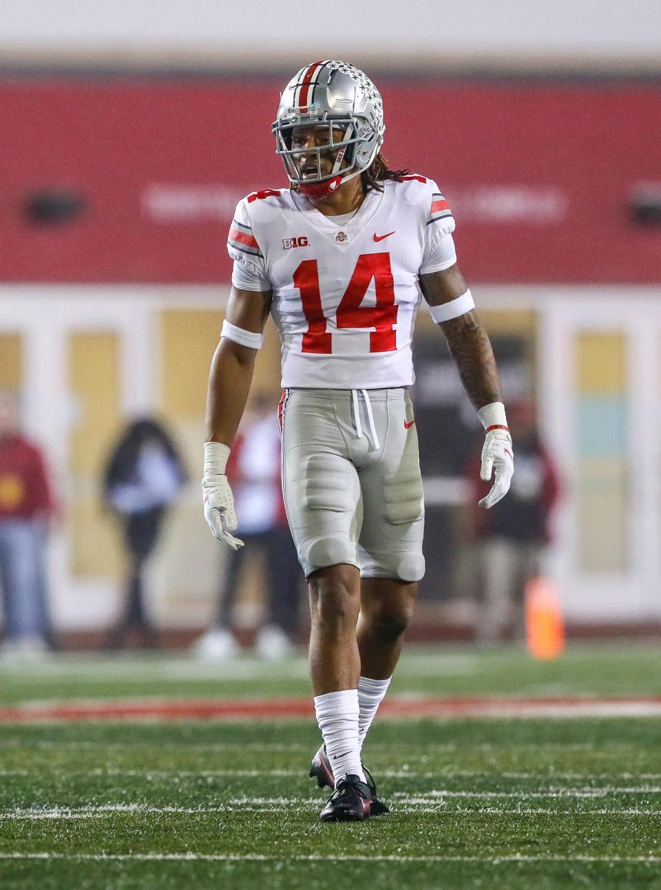 Ohio State Buckeyes safety Ronnie Hickman (14) during the NCAA football game at Memorial Stadium in Bloomington, Ind. on Sunday, Oct. 24, 2021. Ohio State won 54-7.