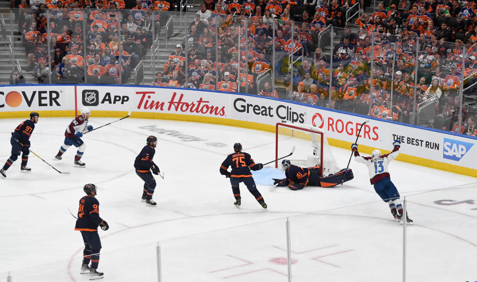 EDMONTON, ALBERTA - JUNE 04: Valeri Nichushkin #13 of the Colorado Avalanche celebrates his second period goal against Mike Smith #41 of the Edmonton Oilers in Game Three of the Western Conference Final of the 2022 Stanley Cup Playoffs at Rogers Place on June 04, 2022 in Edmonton, Alberta. (Photo by Derek Leung/Getty Images)