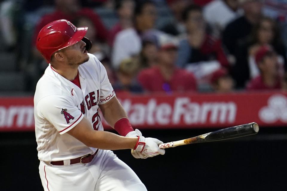 The Angels' Mike Trout watches his solo home run during the fifth inning.