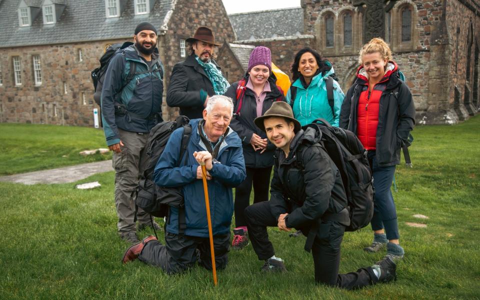 Pilgrims Monty Panesar, Laurence Llewelyn-Bowen, Nick Hewer, Scarlett Moffatt, Will Bayley, Shazia Mirza and Louisa Clein in Pilgrimage: Road to the Scottish Isles - CTVC/BBC