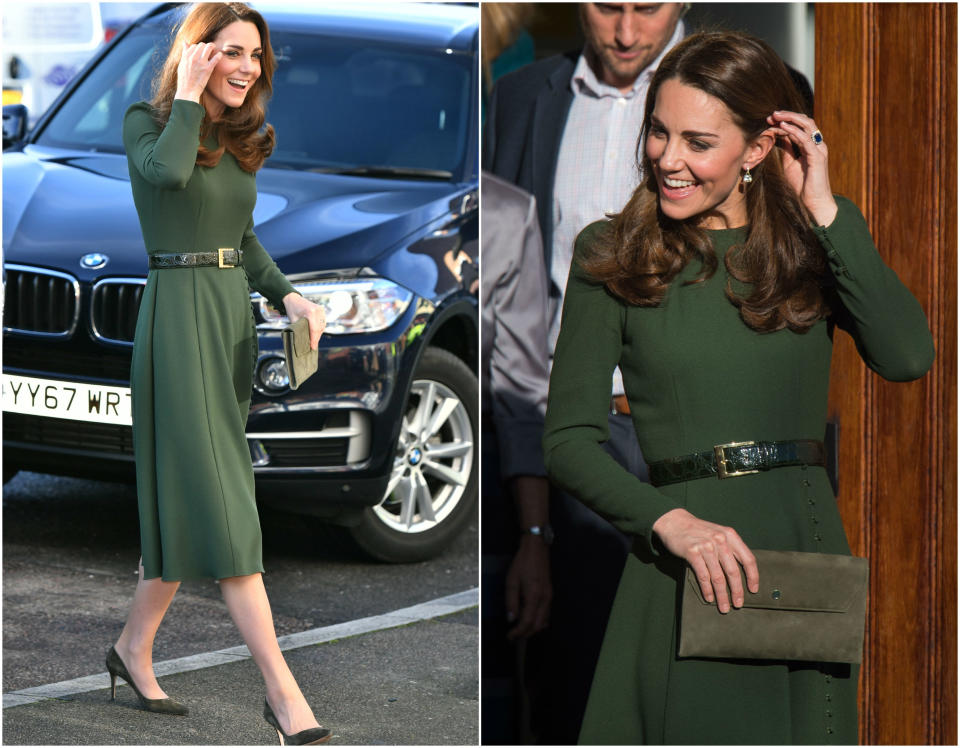 <p>Con un vestido nuevo de Beulah London, zapatos de Gianvito Rossi y<em> clutch</em> de LK Bennett, así de elegante llegaba Kate Middleton a la sede que Family Action tiene en Lewisham. ¡Sobresaliente! (Foto: Gtres). </p>