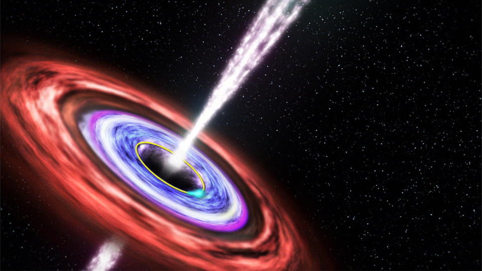 A black screen is seen with a colorful spiral of material in front of it. There are two jets shooting vertically on either side of the disk, which lies nearly horizontal.