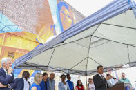 FILE - Xavier Becerra, Secretary of the Department of Health and Human Services, speaks during a press conference on the kickoff of 988, a new national mental health hotline, Friday, July 15, 2022, in Philadelphia. The press conference took place in front of the Contemplation, Clarity and Resilience mural by artist Eric Okdeh, which is a mural that represents, among many other things, the process of overcoming hardships. (Heather Khalifa/The Philadelphia Inquirer via AP, File)