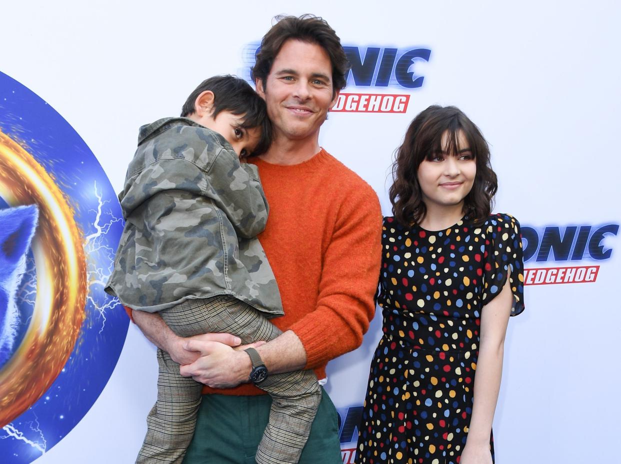 Marsden brought his son, William, and daughter, Mary James, to the "Sonic the Hedgehog" Family Day Event at Paramount Studio in Los Angeles on Jan. 25, 2020. (Photo: VALERIE MACON via Getty Images)