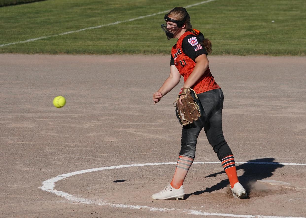 Tecumseh's Lauren Nadeau pitches during the Michigan Little League Softball District 16 10-11-12 Championship Thursday at Mitchell Park against Blissfield.