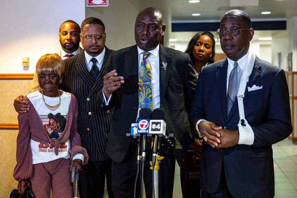 Attorney Benjamin Crump called the shooting last month of Donald Armstrong by a Miami Police officer “excessive” and “unconscionable.” He spoke outside a courtroom at the Miami-Dade criminal courthouse Tuesday. Beside him is Denise Armstrong, the mother of Donald Armstrong, attorney Sue- Ann Robinson, co-counsel Larry Handfield, pastor Gaston Smith.