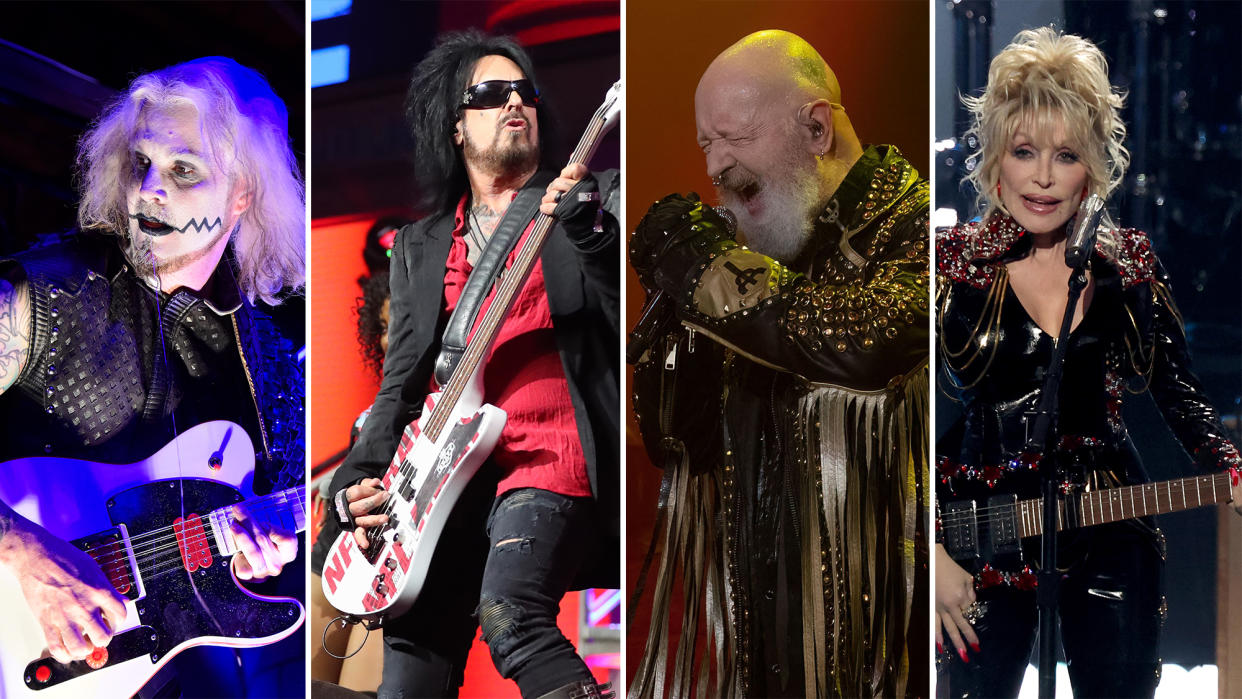  (from left) John 5, Nikki Sixx, Rob Halford and Dolly Parton perform onstage 