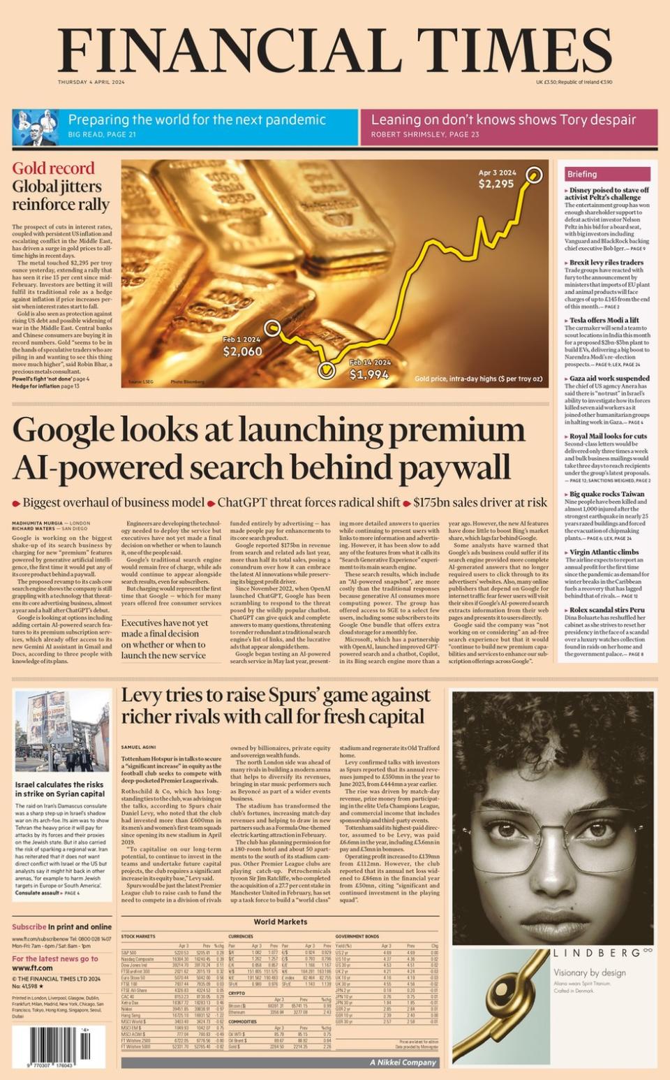 The Financial Times front page. The headline reads: Google looks at launching premium AI-powered search behind paywall