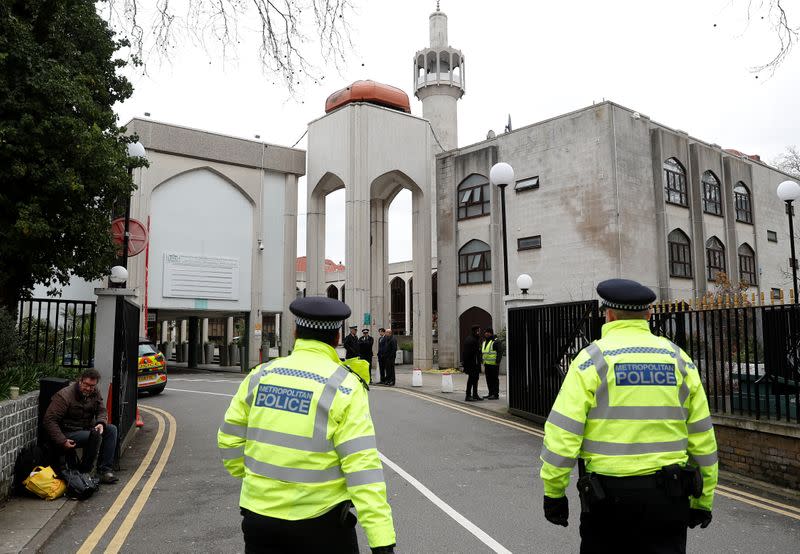 Police officers are seen outside the London Central Mosque in London