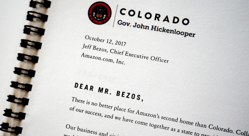 The HQ2 pitch from Golden, Colorado, included a letter from Gov. John Hickenlooper to Amazon CEO Jeff Bezos. (Photo: Rick Wilking / Reuters)