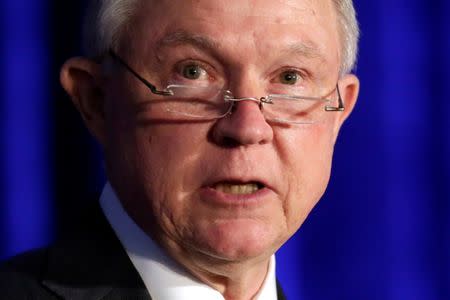 FILE PHOTO: U.S. Attorney General Jeff Sessions delivers remarks at a summit on crime reduction and public safety in Bethesda, Maryland, U.S., June 20, 2017. REUTERS/Yuri Gripas/File Photo