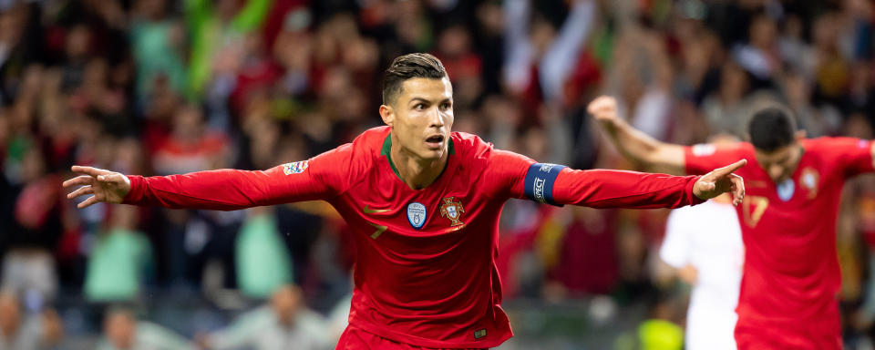 PORTO, PORTUGAL - JUNE 05: Cristiano Ronaldo of Portugal celebrates after scoring his team's second goal during the UEFA Nations League Semi-Final match between Portugal and Switzerland at Estadio do Dragao on June 05, 2019 in Porto, Portugal. (Photo by TF-Images/Getty Images)