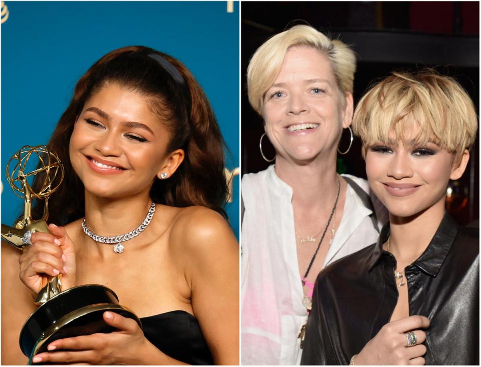 Zendaya (left) and with her mother, Claire Stoermer (right) (Getty Images)