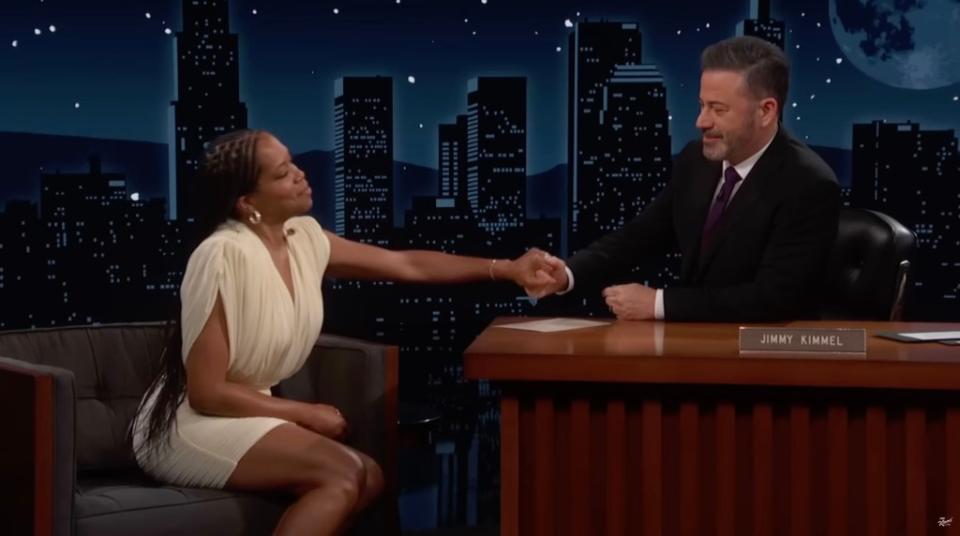 Regina King grabbed Jimmy Kimmel’s hand after he teared up. Jimmy Kimmel Live / ABC