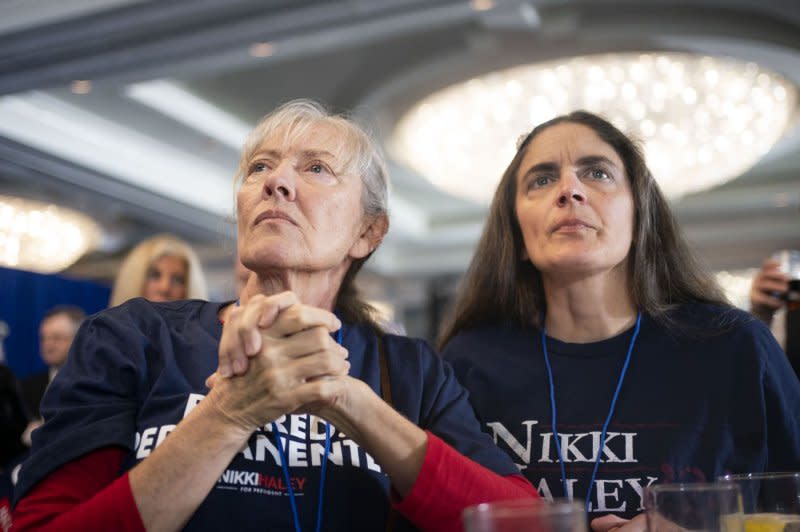 Two women look on as updated poll numbers are shown during Nikki Haley's primary night watch party in Charleston, S.C. on February 24. Photo by Bonnie Cash/UPI