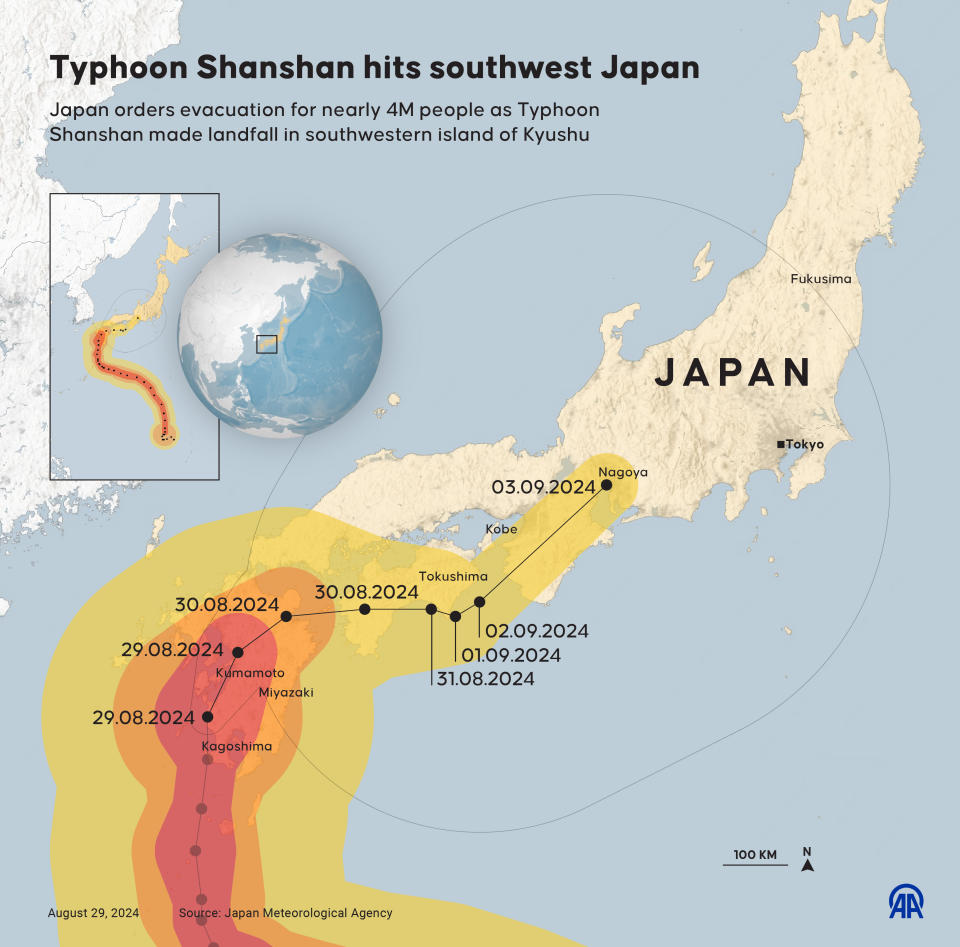 An infographic shows a map of southwestern Japan (Yasin Demirci/Anadolu via Getty Images)