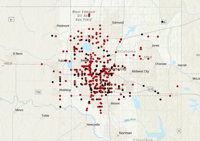 Maps provided by the Oklahoma Highway Safety Office show collisions on roadways in Oklahoma City in 2021, the latest data set available. Serious crashes are in red and fatal crashes are in black.