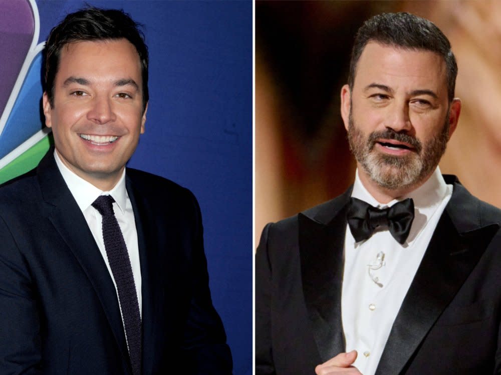 Jimmy Fallon (li.) und Jimmy Kimmel sind ab nächster Woche wieder im US-Fernsehen zu sehen. (Bild: Dennis Van Tine/starmaxinc.com/ImageCollect / imago/Picturelux)