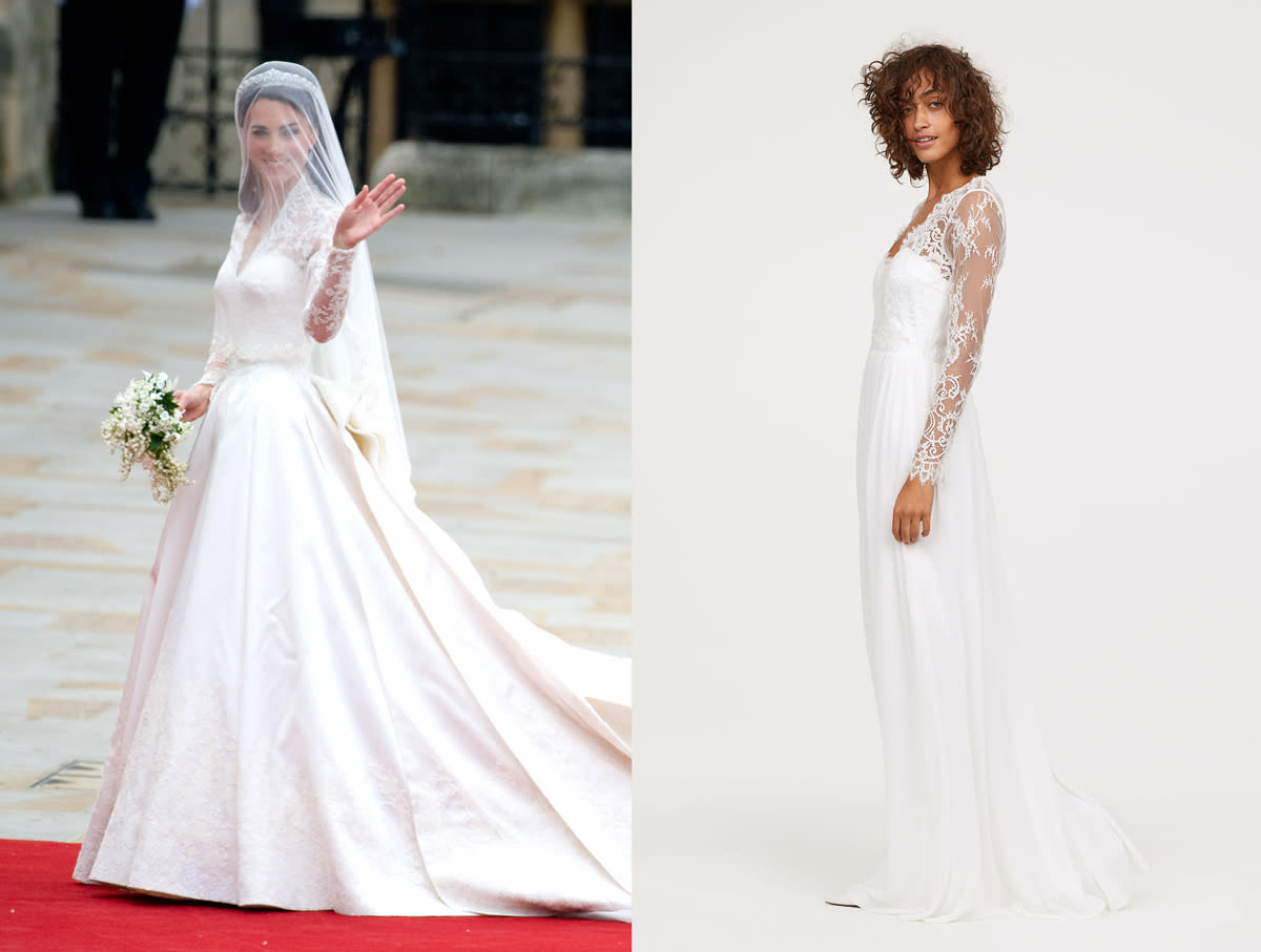 Kate Middleton’s Alexander McQueen wedding dress (left) and H&M’s similar long lace dress. (Photo: Getty Images/H&M)