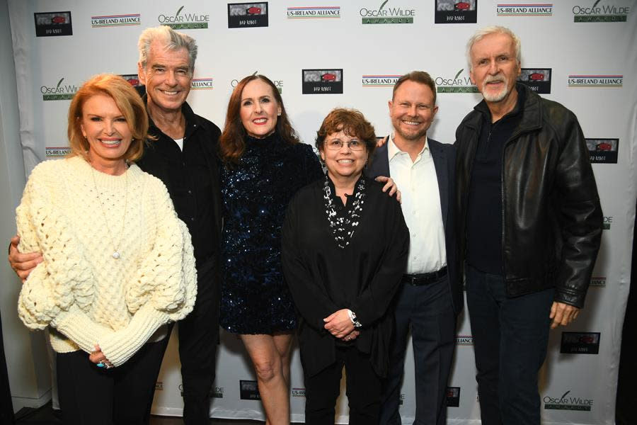 (Left to Right) Roma Downey, Pierce Brosnan, Molly Shannon, president of the U.S.-Ireland Alliance Trina Vargo, Richie Baneham and James Cameron celebrate the U.S.-Ireland Alliance’s 18th annual Oscar Wilde Awards at Bad Robot in Santa Monica. (Alberto E. Rodriguez/Getty Images for U.S.-Ireland Alliance)