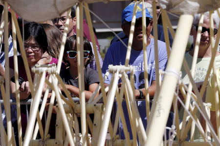 Onlookers watch a display of "Animaris Ordis," one from the series of "Strandbeests" kinetic sculptures by Dutch artist Theo Jansen, at City Hall Plaza in Boston, Massachusetts August 28, 2015. REUTERS/Brian Snyder