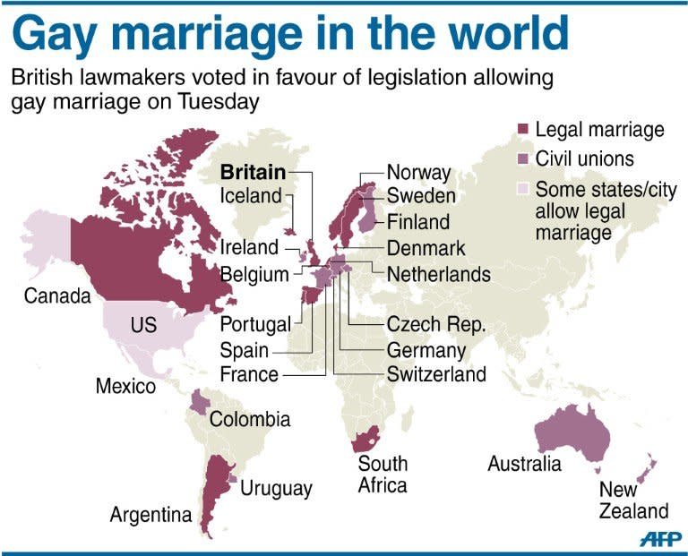 Graphic showing countries that allow gay marriage. British lawmakers voted in favour of gay marriange despite fierce opposition from members of Prime Minister David Cameron's own party