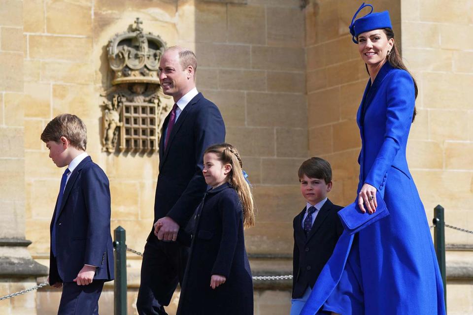 <p>Yui Mok - WPA Pool/Getty</p> Prince George, Prince William, Princess Charlotte, Prince Louis and Kate Middleton attend Easter church service in April 2023