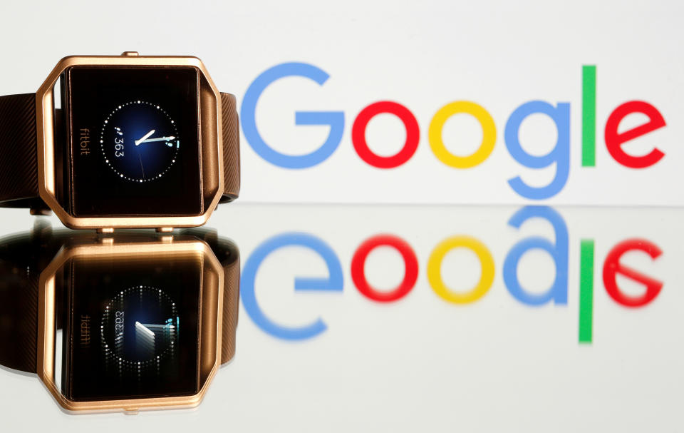 Fitbit Blaze watch is seen in front of a displayed Google logo in this illustration picture taken, November 8, 2019. REUTERS/Dado Ruvic