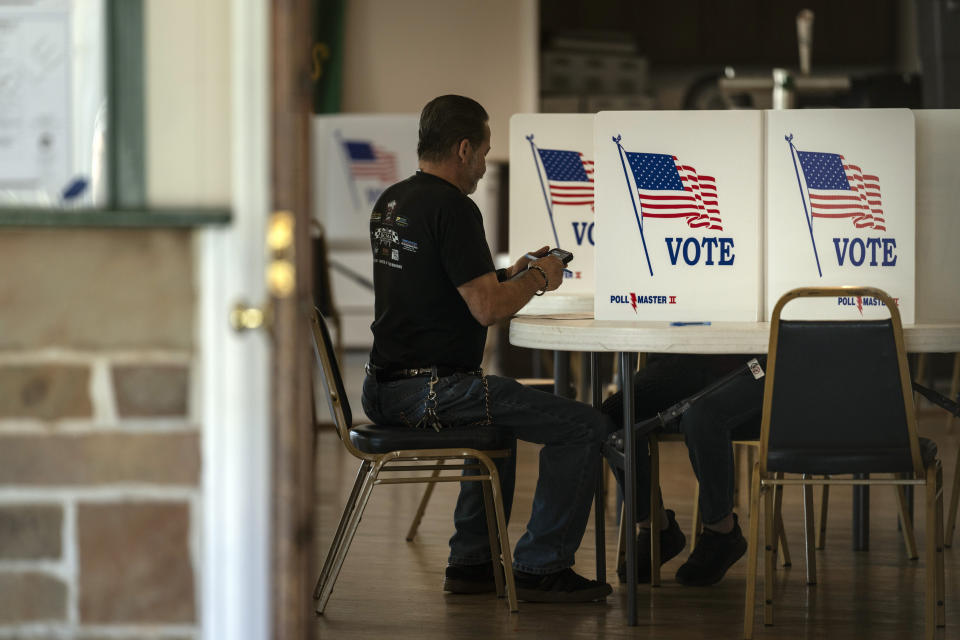 A voter marks their ballot at a polling place in Bristol, Pa., Tuesday, April 23, 2024. (AP Photo/Matt Rourke)