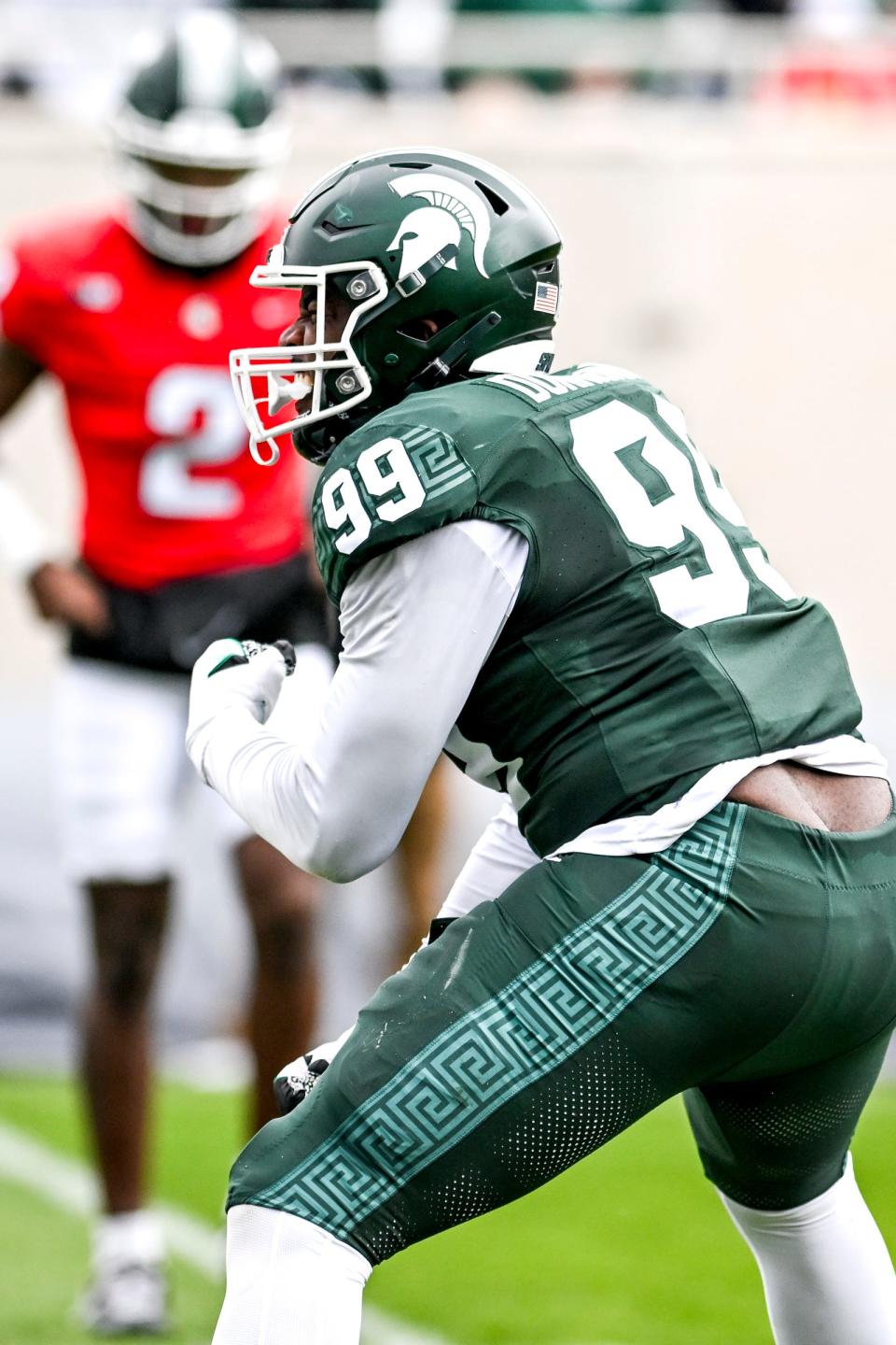 Michigan State's Quindarius Dunnigan celebrates after a defensive play during the Spring Showcase on Saturday, April 20, 2024, at Spartan Stadium in East Lansing.