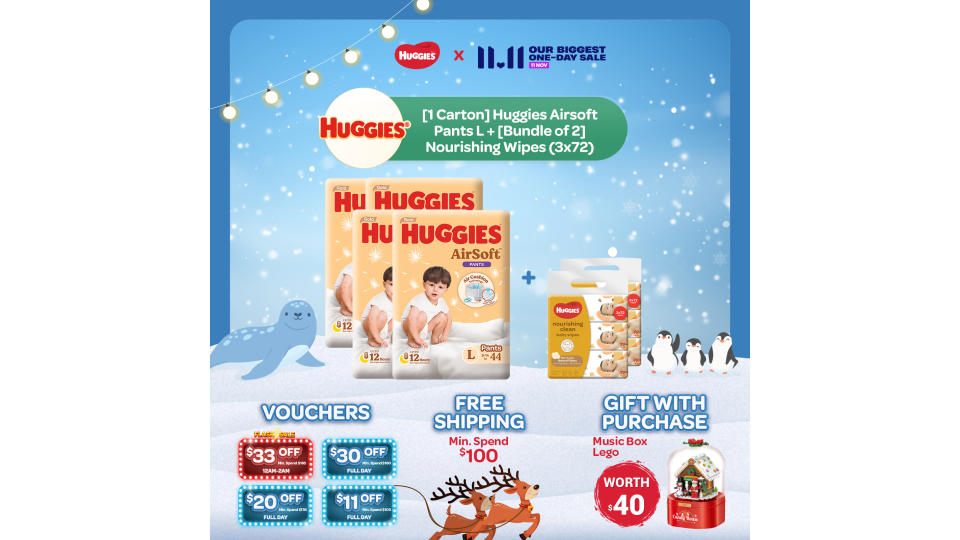 [1 Carton] Huggies Airsoft Pants L + [Bundle of 2] Nourishing Wipes (3x72). (Photo: Lazada SG)