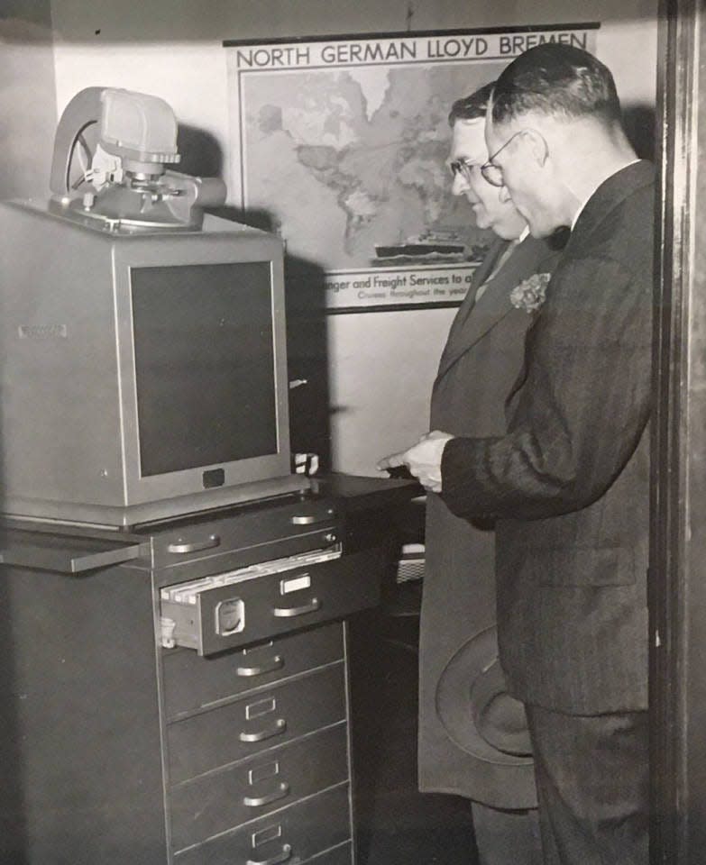 The microfiche check and signature imaging technology available at Monroe State Savings Bank (now First Merchants Bank), circa 1950s, is pictured.