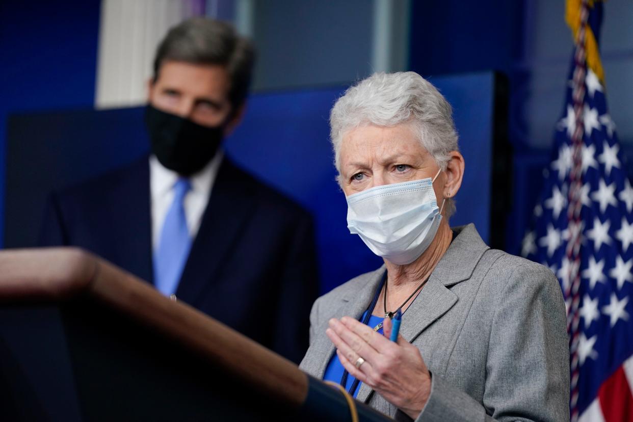 National Climate Adviser Gina McCarthy speaks during a press briefing at the White House, Wednesday, Jan. 27, 2021.