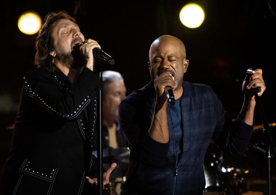 Chris Robinson of The Black Crowes, left, and Darius Rucker perform at a live taping of CMT Crossroads in Austin, Texas, Friday March 31, 2023. The CMT Awards will be held in Austin for the first time this year. 