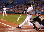 ST. PETERSBURG - JUNE 16: Designated hitter Hideki Matsui #35 of the Tampa Bay Rays bats against the Miami Marlins during the game at Tropicana Field on June 16, 2012 in St. Petersburg, Florida. (Photo by J. Meric/Getty Images)