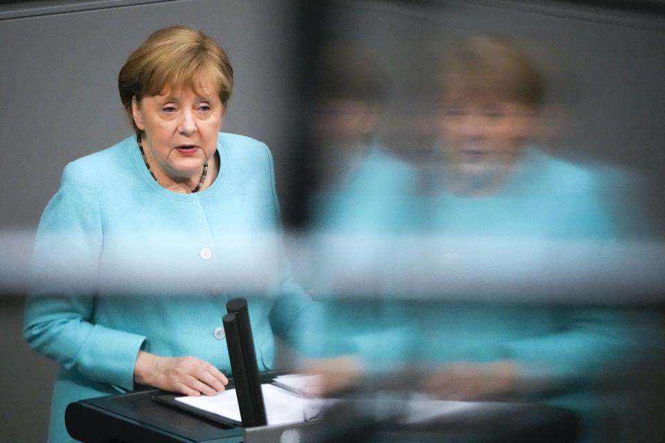 German Chancellor Angela Merkel delivers her specs ahed of a EU summit at the German parliament Bundestag in Berlin, Germany, Thursday, June 24, 2021. (AP Photo/Markus Schreiber)