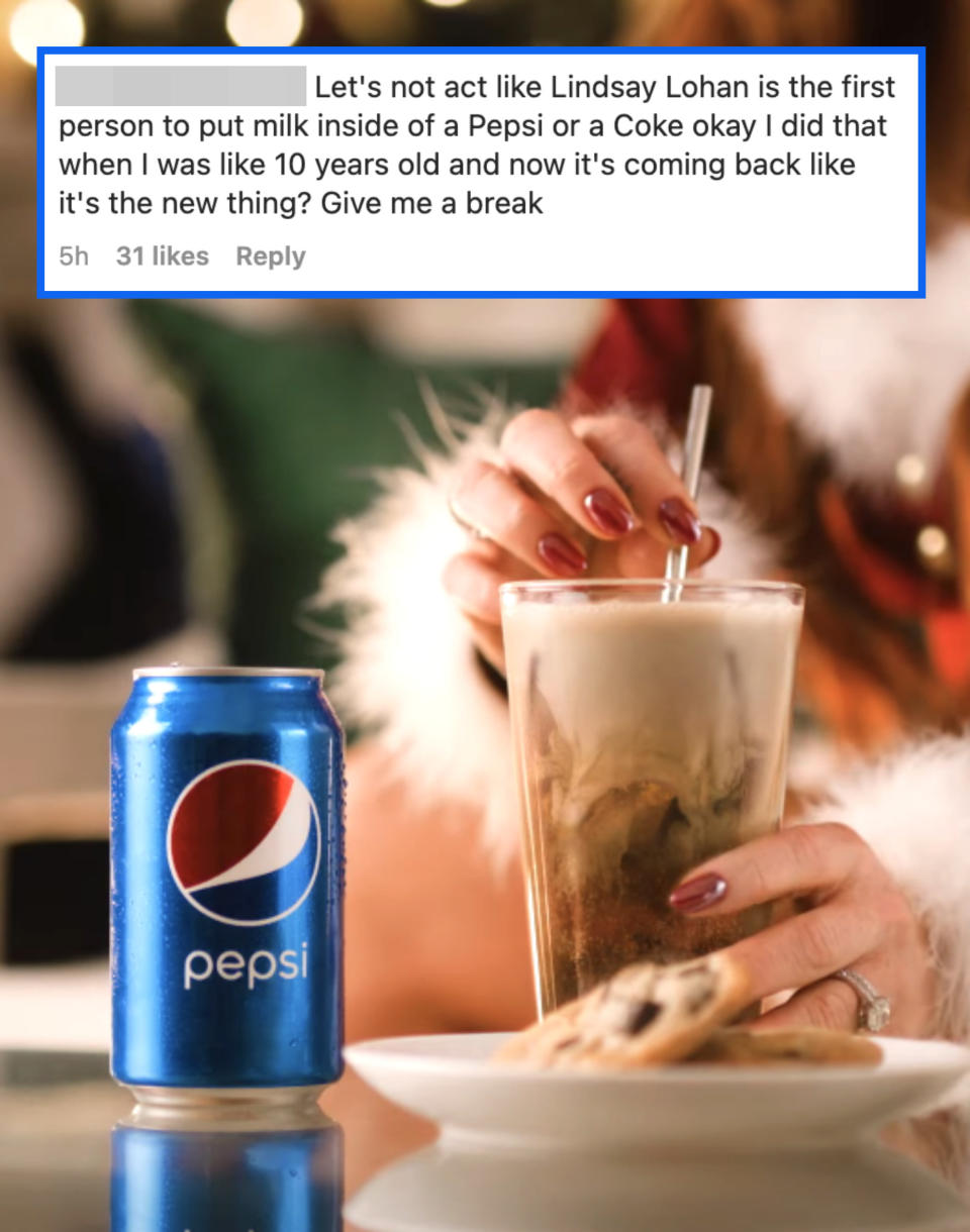 Commenter saying "let's not act like Lindsay is the first person to put milk inside a Pepsi or Coke; i did that when I was like 10"