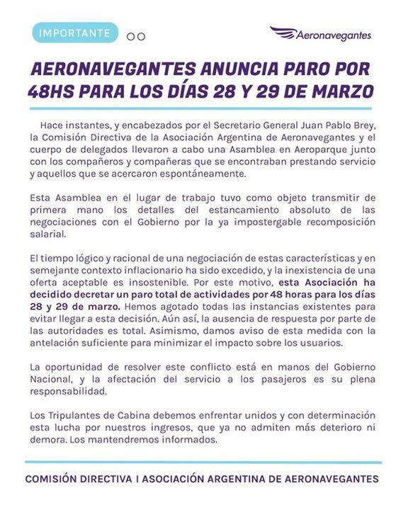 Comunicado de Aeronavegantes.