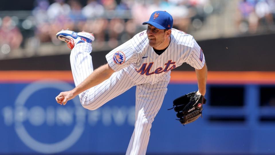 Jun 1, 2023; New York City, New York, USA; New York Mets starting pitcher Max Scherzer (21) follows through on a pitch against the Philadelphia Phillies during the first inning at Citi Field.