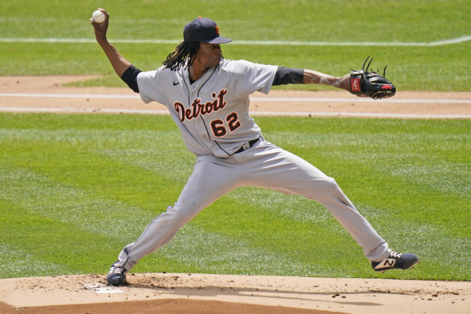 Detroit Tigers starting pitcher Jose Urena throws during the first inning of a baseball game against the New York Yankees at Yankee Stadium, Sunday, May 2, 2021, in New York. (AP Photo/Seth Wenig)