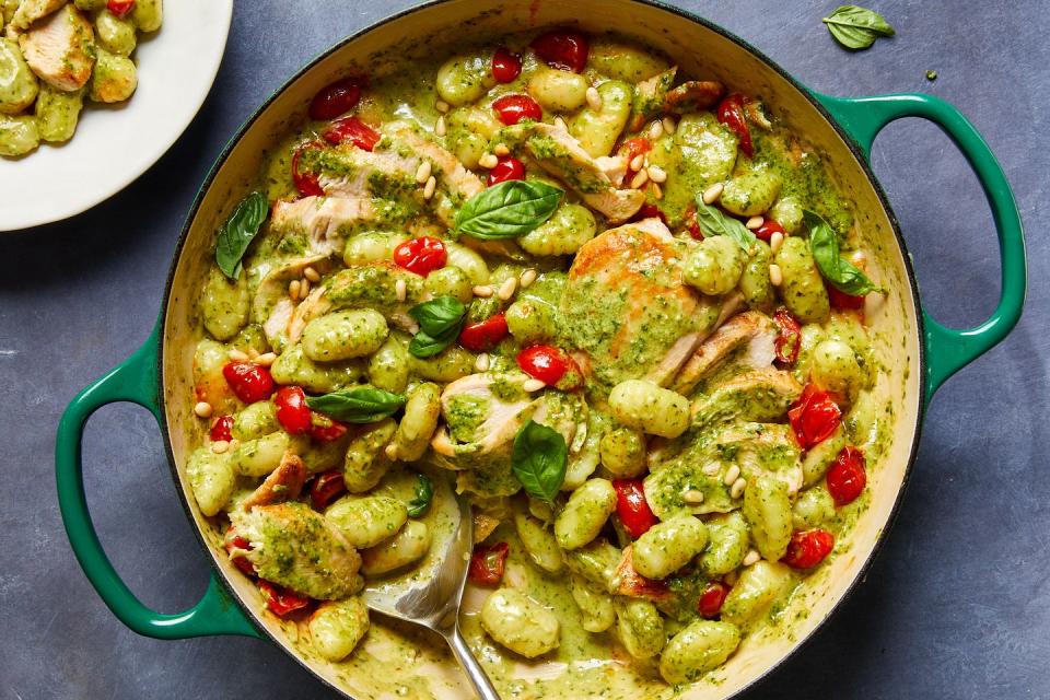 Creamy Pesto Baked Gnocchi & Chicken Skillet