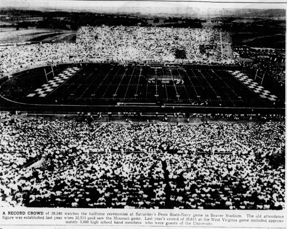 A photo of the “record crowd” of 39,340 people during a Penn State-Navy game on Sept. 23, 1961, appeared on the front page of the Centre Daily Times on Sept. 25, 1961.