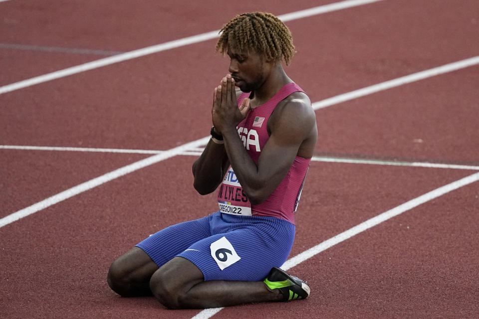 Noah Lyles, of the United States, celebrates after winning the men's 200-meter run final at the World Athletics Championships on Thursday, July 21, 2022, in Eugene, Ore. (AP Photo/Gregory Bull)