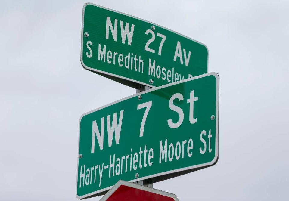 A street-naming ceremony was held at Northwest 27th Avenue and Northwest Seventh Street in Fort Lauderdale, Florida on Saturday, June 19, 2021. The ceremony honored Florida civil rights pioneer Harry T. Moore and his wife, Harriette V. Moore, who were killed in 1951 after a bomb went off under their bed in their Mims, Florida, home on the night of Christmas, Dec. 25, 1951.
