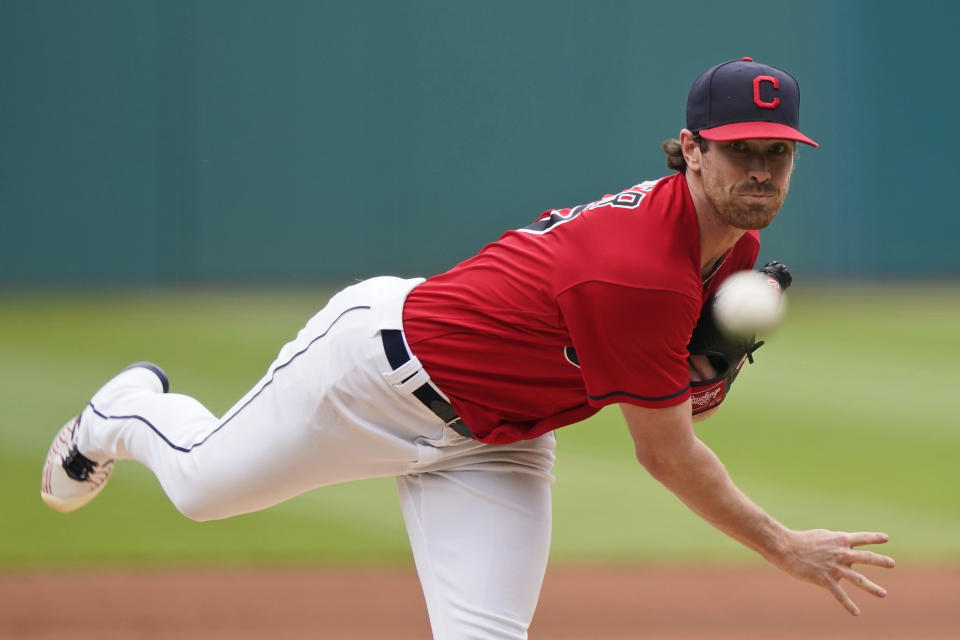 Cleveland Indians starting pitcher Shane Bieber delivers in the first inning of a baseball game against the Seattle Mariners, Sunday, June 13, 2021, in Cleveland. (AP Photo/Tony Dejak)