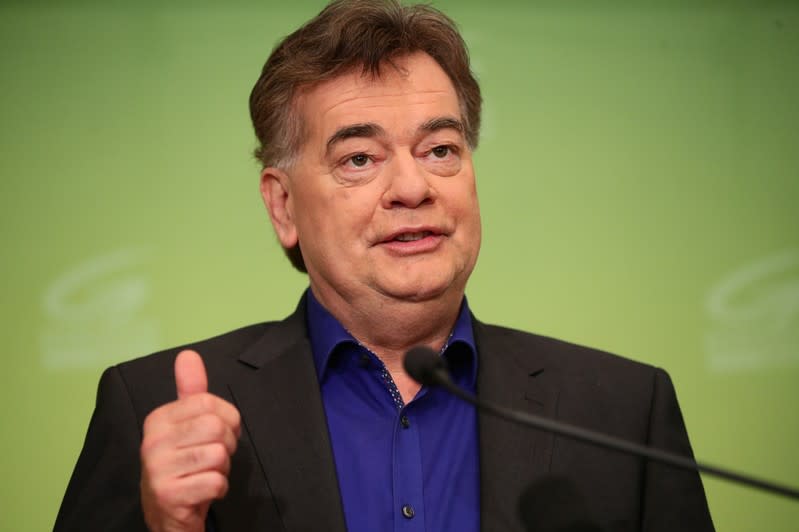 Head of Austria’s Green Party Werner Kogler addresses a news conference in Vienna